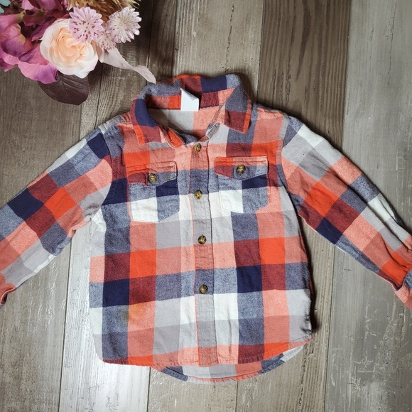 Healthtex Orange Blue White Checked Plaid Button Down Flannel Shirt Size 4T EUC - Picture 8 of 15